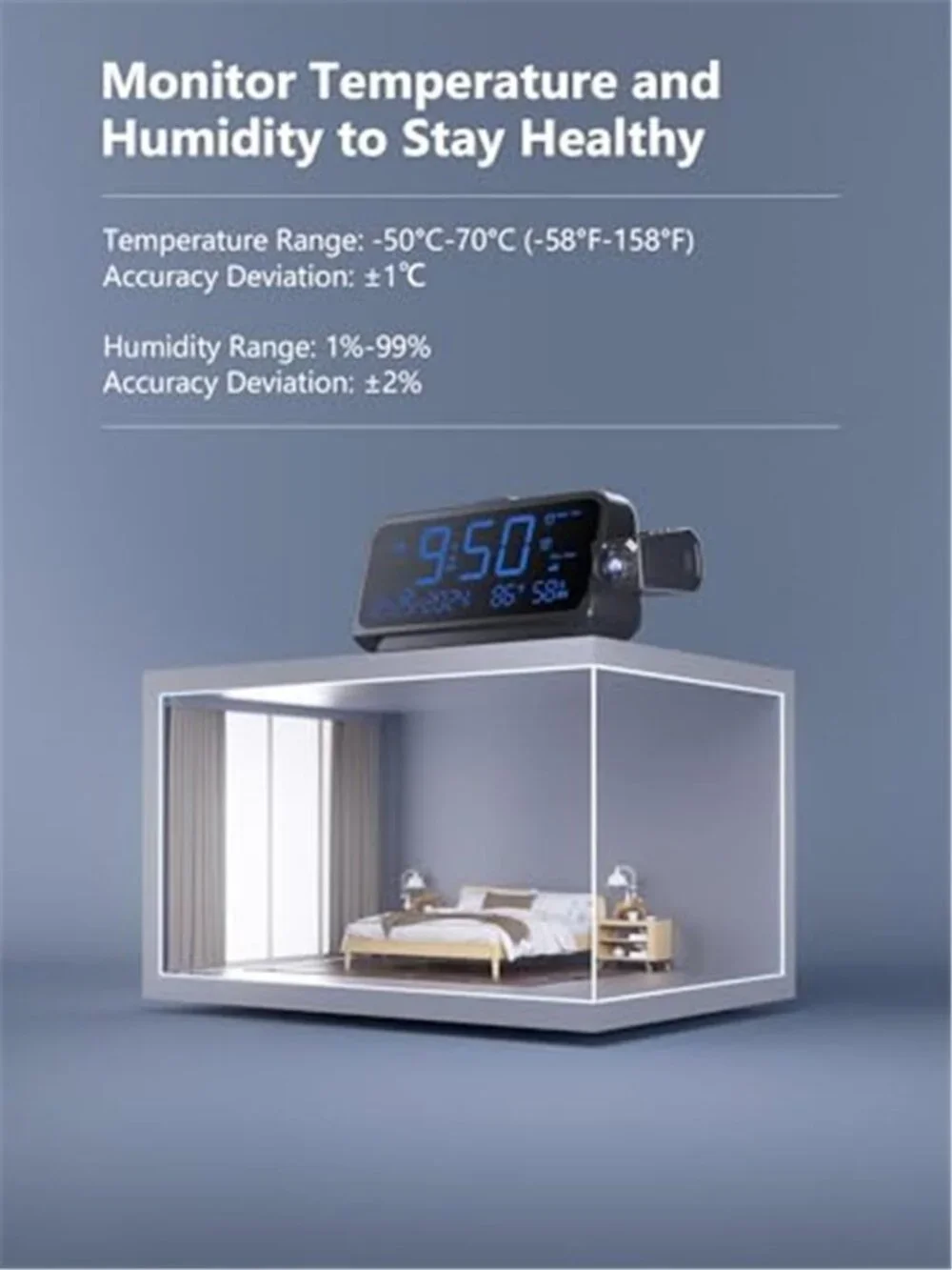 Projection Alarm Clock Ceiling Display Dual Alarm USB Charging Temp Humidity